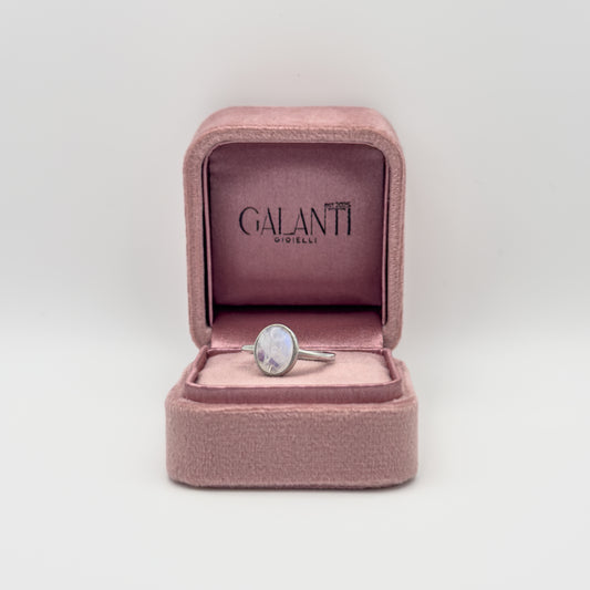 ANELLO CON PIETRA DI LUNA OVALE IN ARGENTO 925 RODIATO - REGOLABILE