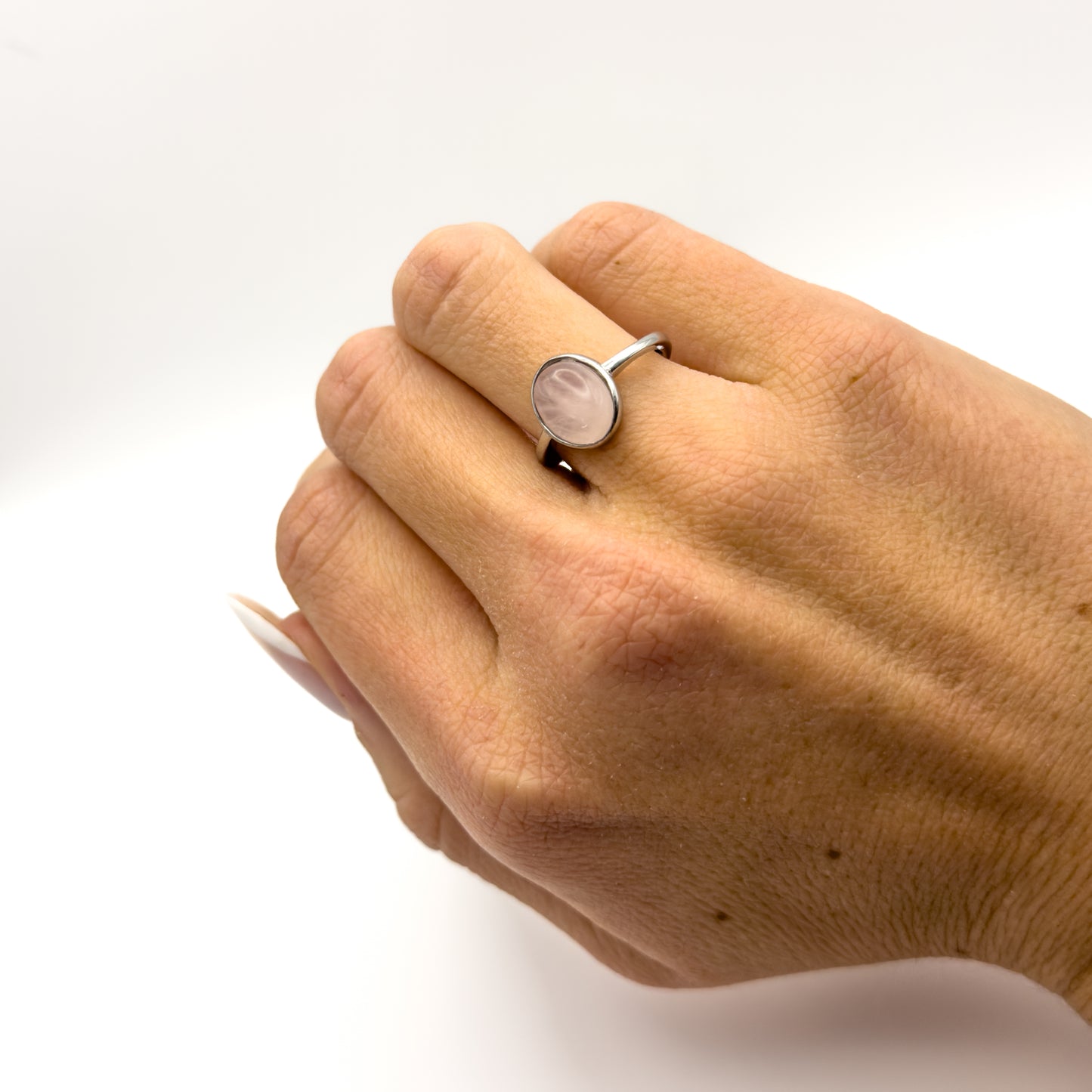 ANELLO CON QUARZO ROSA OVALE IN ARGENTO 925 RODIATO - REGOLABILE